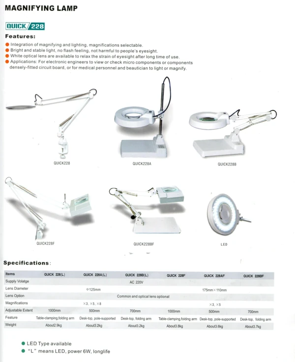 สเปค QUICK 228 / QUICK 228A / QUICK 228B / QUICK 228F / QUICK 228BF : MAGNIFYING LAMP (FLUORESCENT/LED) : โคมไฟแว่นขยาย
