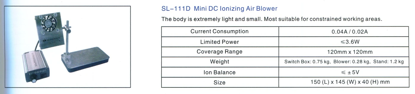 สเปค DR.SCHNEIDER PC SL-111D : IONIZED AIR BLOWER : เครื่องไล่ไฟฟ้าสถิตย์